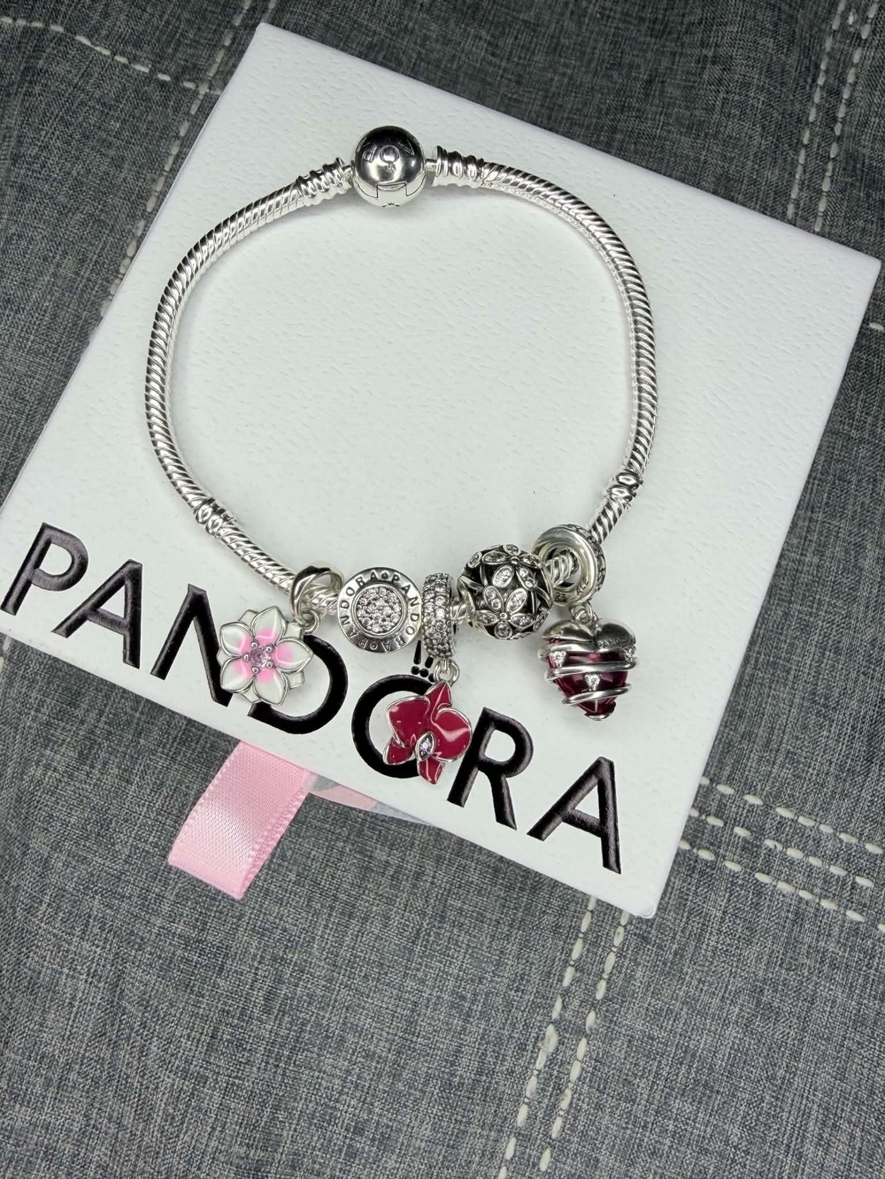 Pandora Silver Bracelet with Pink and Fuchsia Floral Charms